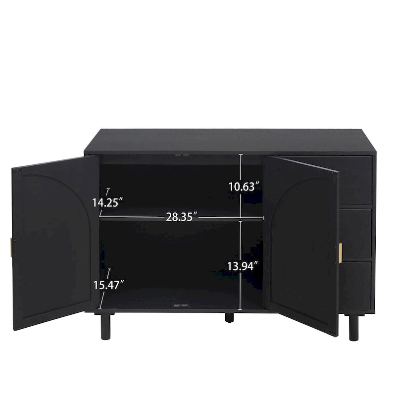 Buffet en rotin avec 2 portes et 3 tiroirs, finition bois naturel