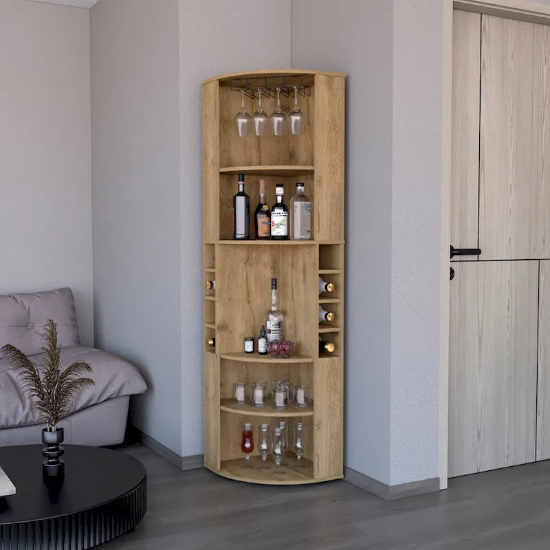 Meuble d'angle de bar avec range-verres et étagères à vin, beige