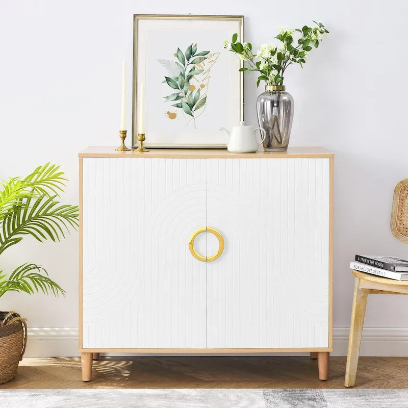 Buffet de rangement à 2 portes blanc et bois naturel avec poignée anneau doré