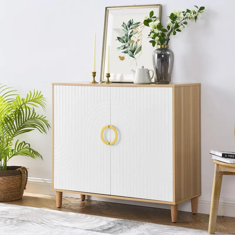 Buffet de rangement à 2 portes blanc et bois naturel avec poignée anneau doré
