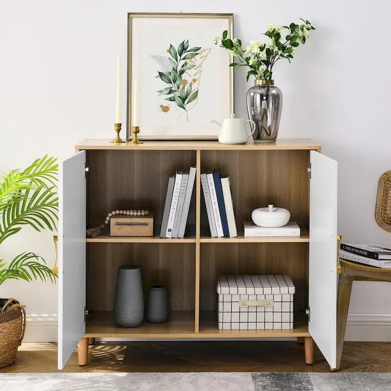 Buffet de rangement à 2 portes blanc et bois naturel avec poignée anneau doré