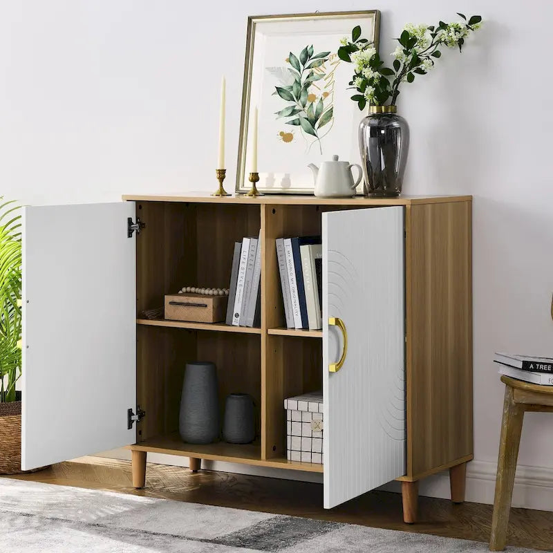Buffet de rangement à 2 portes blanc et bois naturel avec poignée anneau doré