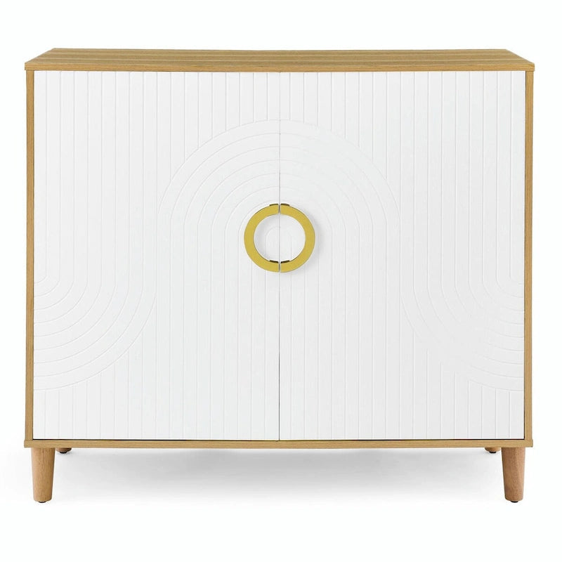 Buffet de rangement à 2 portes blanc et bois naturel avec poignée anneau doré