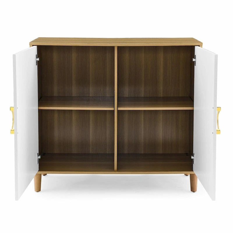 Buffet de rangement à 2 portes blanc et bois naturel avec poignée anneau doré