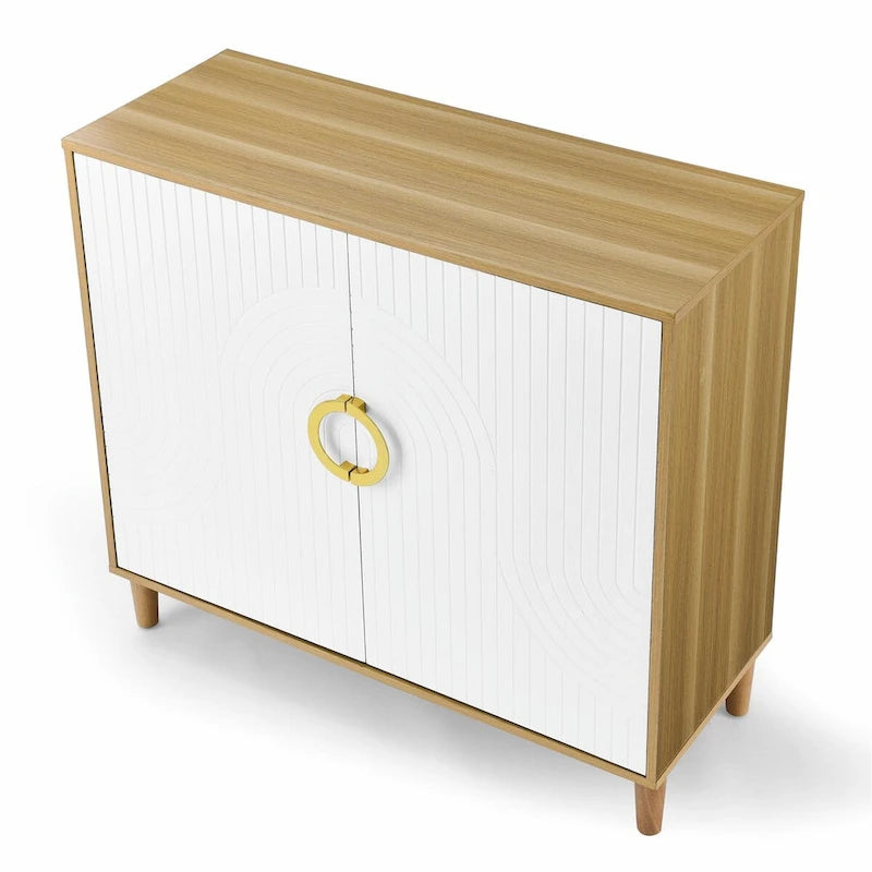 Buffet de rangement à 2 portes blanc et bois naturel avec poignée anneau doré