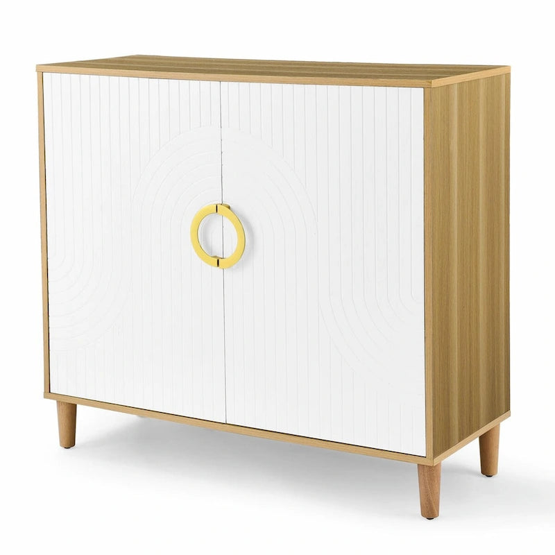 Buffet de rangement à 2 portes blanc et bois naturel avec poignée anneau doré