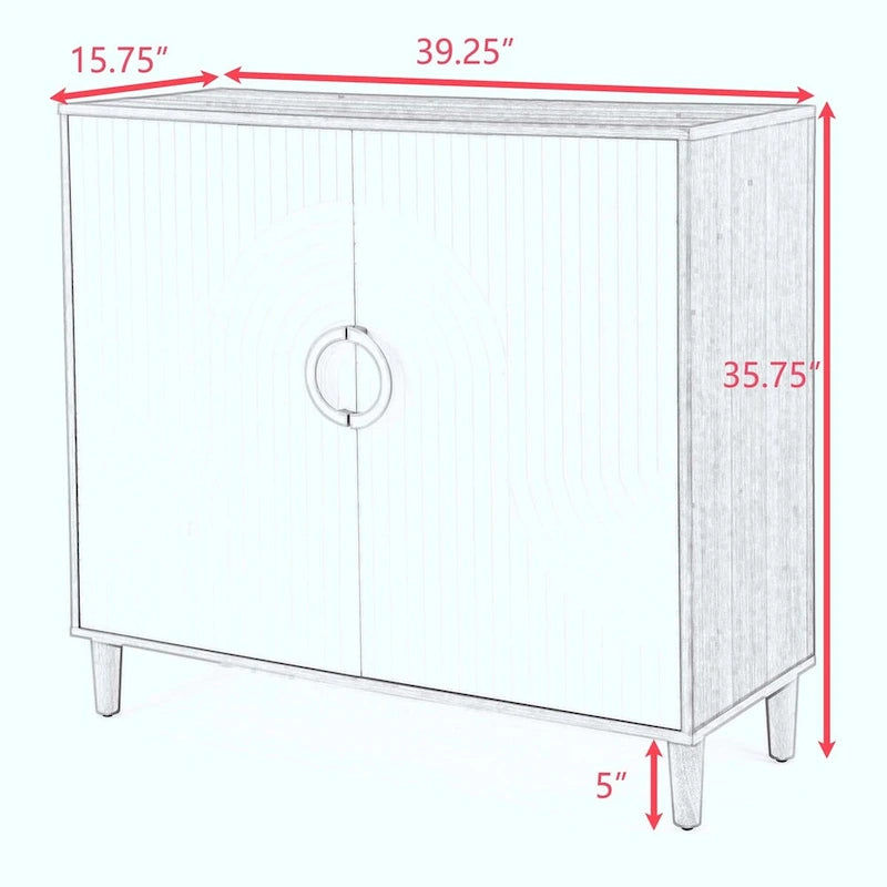 Buffet de rangement à 2 portes blanc et bois naturel avec poignée anneau doré