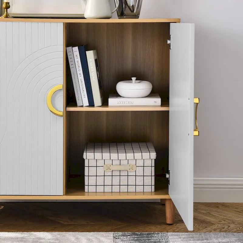 Buffet de rangement à 2 portes blanc et bois naturel avec poignée anneau doré