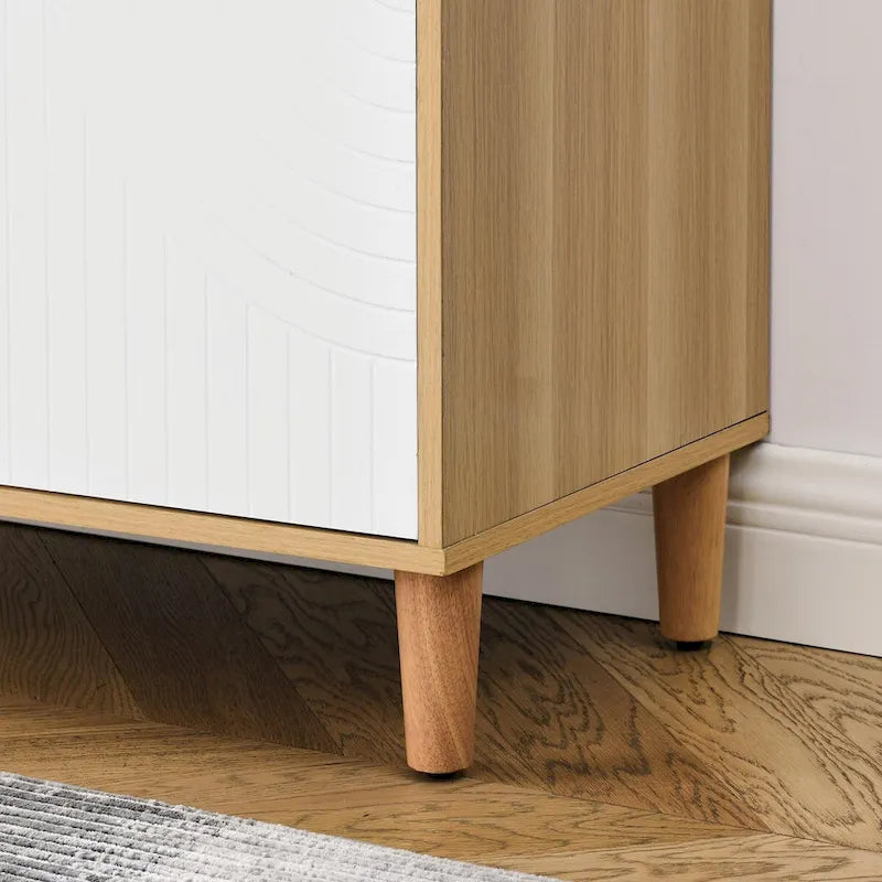 Buffet de rangement à 2 portes blanc et bois naturel avec poignée anneau doré