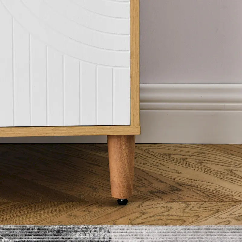 Buffet de rangement à 2 portes blanc et bois naturel avec poignée anneau doré
