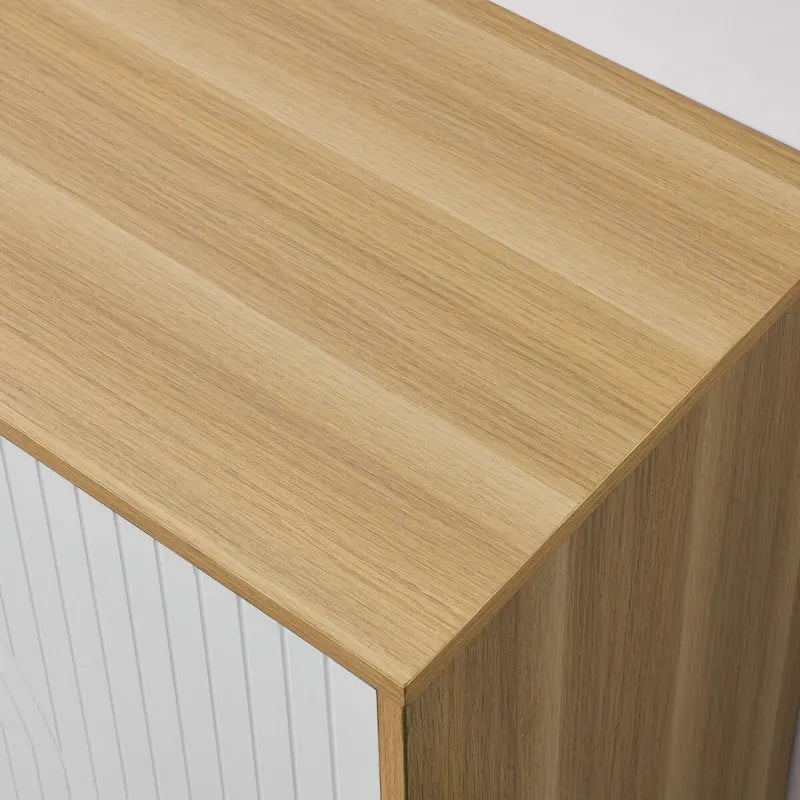 Buffet de rangement à 2 portes blanc et bois naturel avec poignée anneau doré