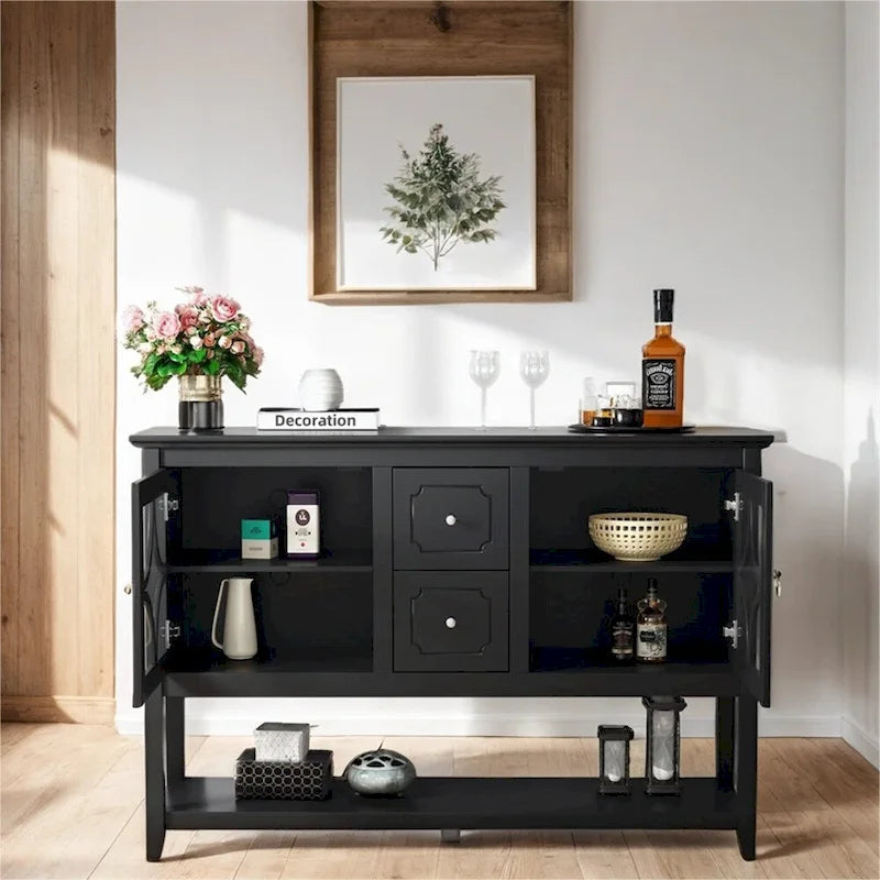 Buffet de salle à manger noir en bois avec portes vitrées, tiroirs et étagère ouverte
