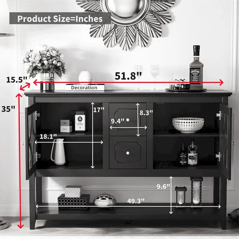 Buffet de salle à manger noir en bois avec portes vitrées, tiroirs et étagère ouverte