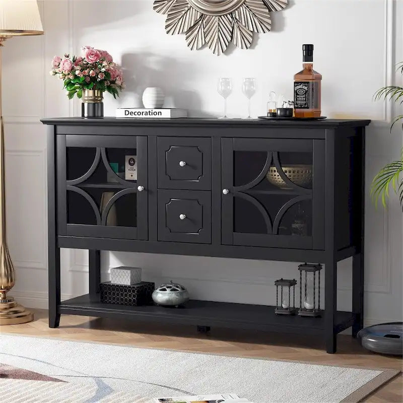 Buffet de salle à manger noir en bois avec portes vitrées, tiroirs et étagère ouverte