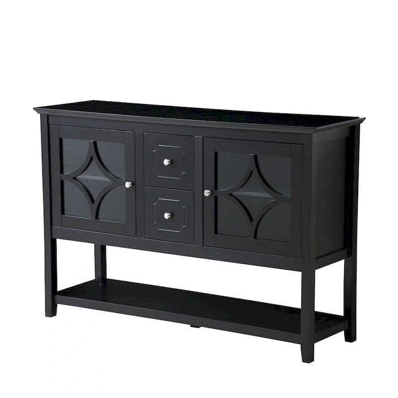 Buffet de salle à manger noir en bois avec portes vitrées, tiroirs et étagère ouverte