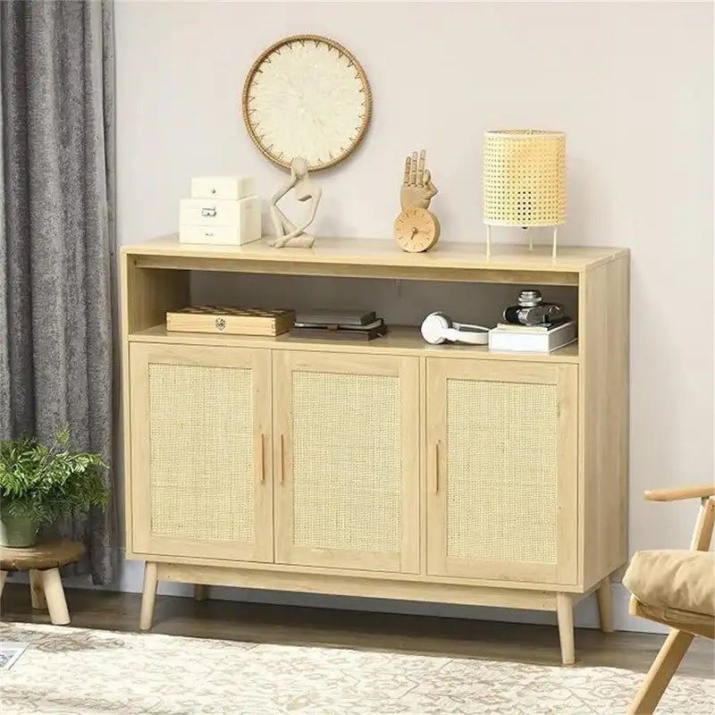 Buffet Bahut de Rangement en Rotin Naturel avec Étagères Réglables et Rangement Ouvert