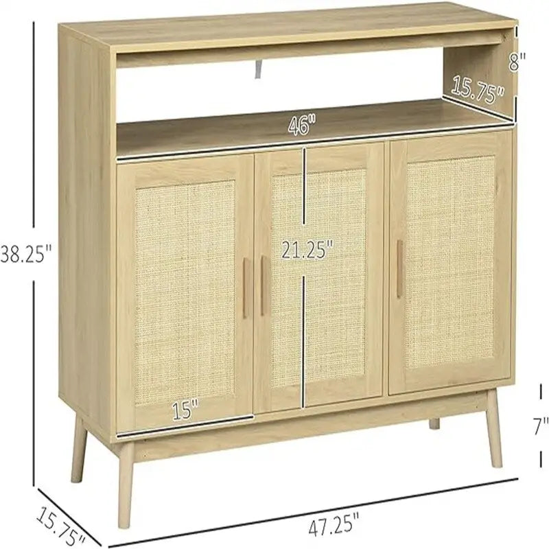 Buffet Bahut de Rangement en Rotin Naturel avec Étagères Réglables et Rangement Ouvert