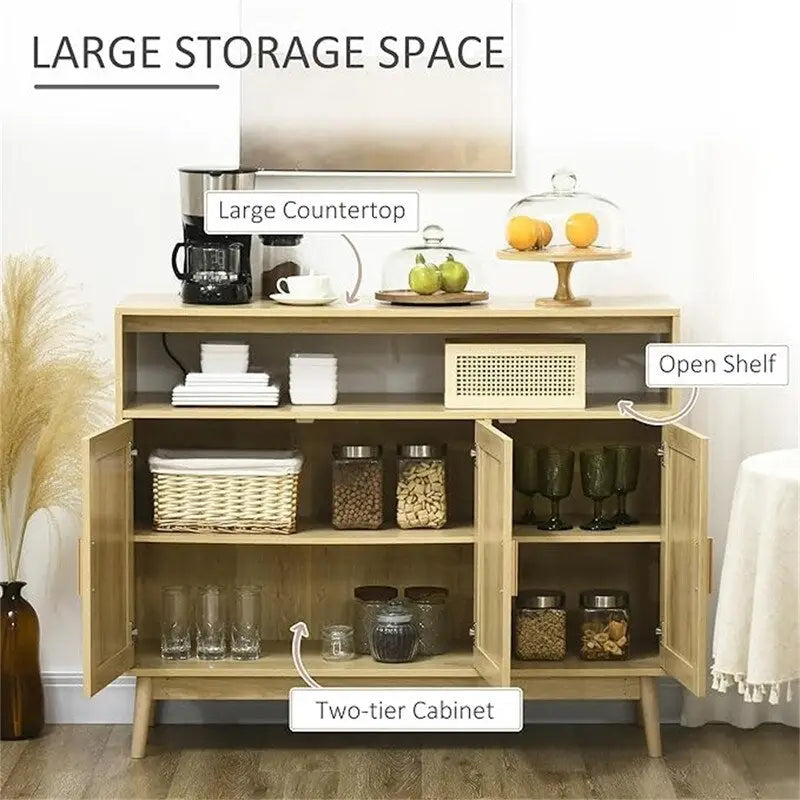 Buffet Bahut de Rangement en Rotin Naturel avec Étagères Réglables et Rangement Ouvert