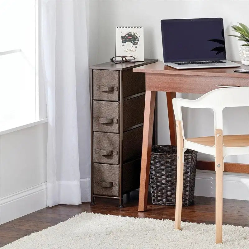 Commode de rangement en tissu Slim à 4 tiroirs avec plateau en MDF, plusieurs coloris
