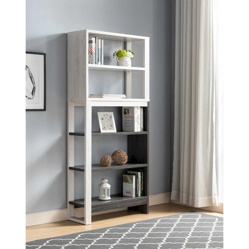 Bibliothèque ouverte à 5 niveaux chêne blanc gris patiné bicolore