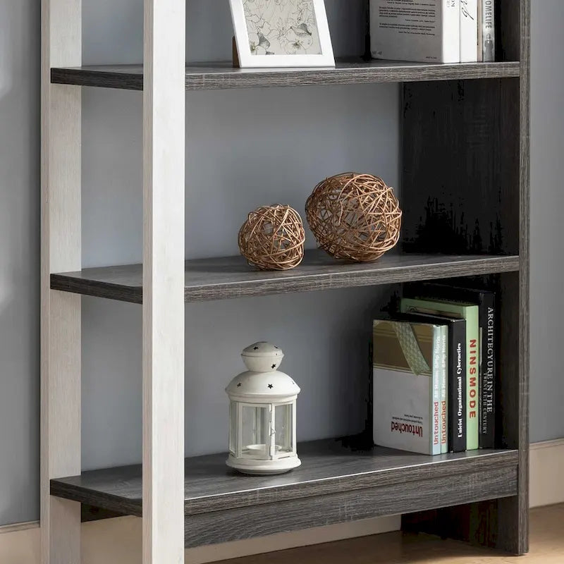 Bibliothèque ouverte à 5 niveaux chêne blanc gris patiné bicolore