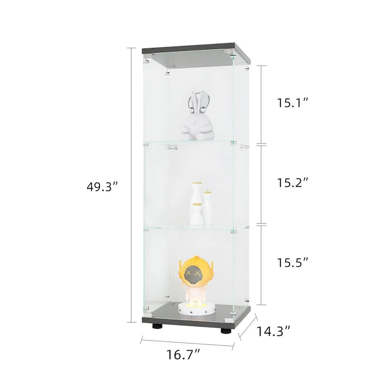Vitrine d'exposition en verre sur pied, 3 étagères, porte simple, vitrine noire