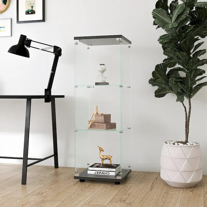 Vitrine d'exposition en verre sur pied, 3 étagères, porte simple, vitrine noire