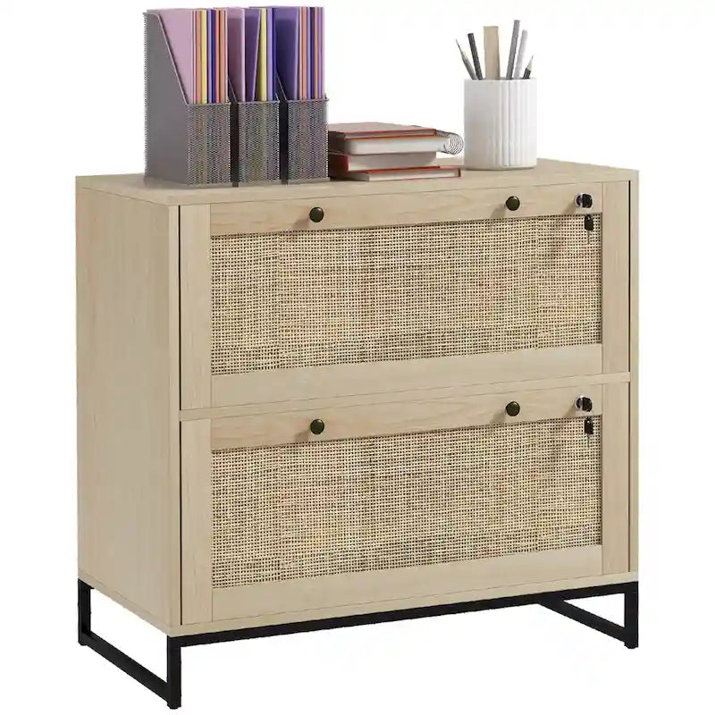 Meuble de rangement à 2 tiroirs en rotin avec serrure, bois naturel et base en métal