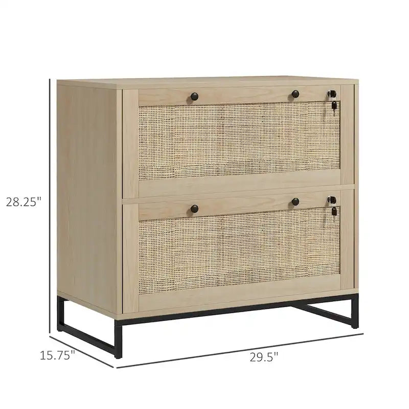 Meuble de rangement à 2 tiroirs en rotin avec serrure, bois naturel et base en métal