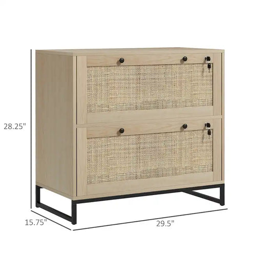 Meuble de rangement à 2 tiroirs en rotin avec serrure, bois naturel et base en métal