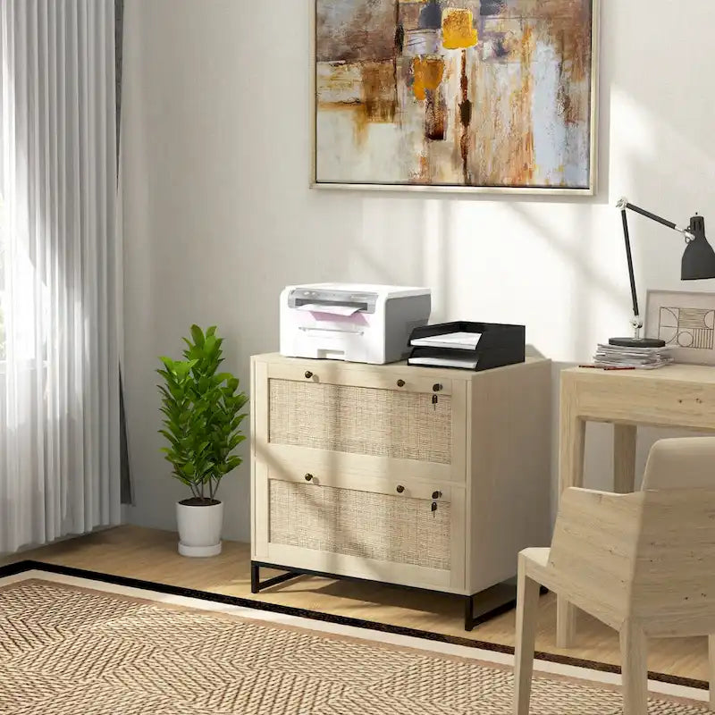 Meuble de rangement à 2 tiroirs en rotin avec serrure, bois naturel et base en métal