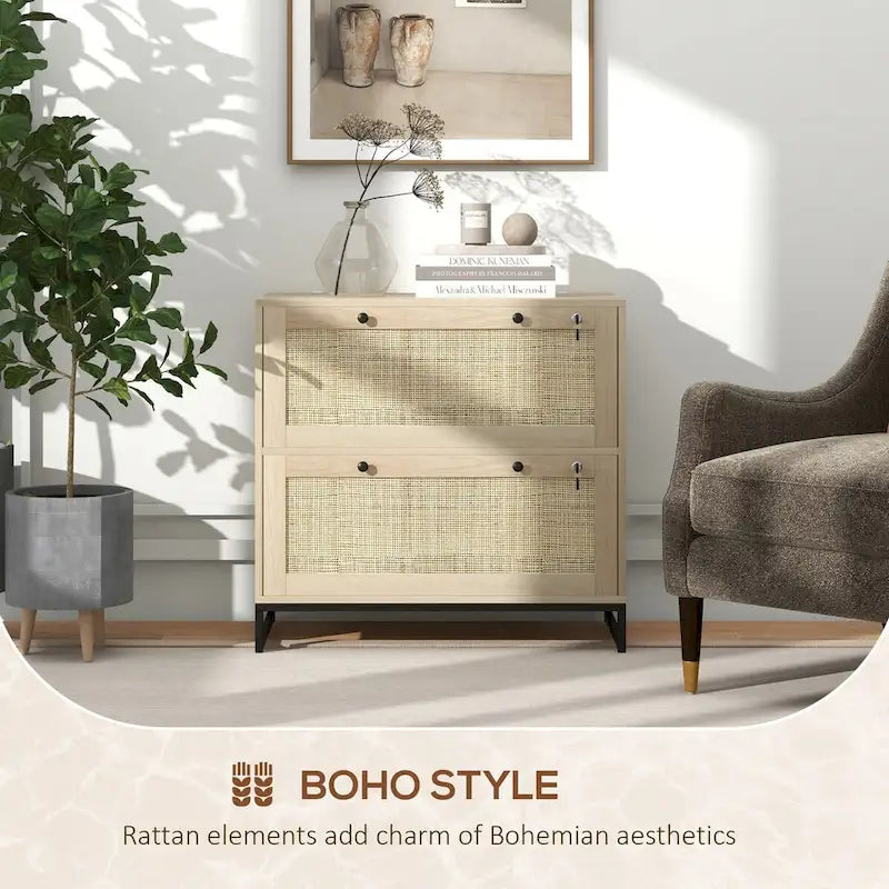 Meuble de rangement à 2 tiroirs en rotin avec serrure, bois naturel et base en métal