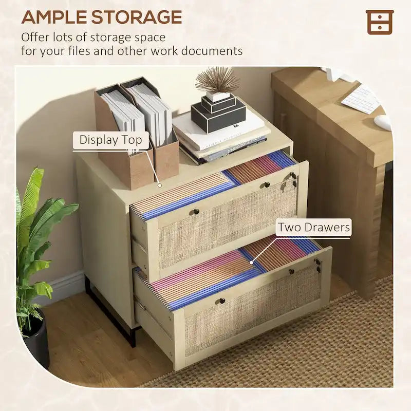 Meuble de rangement à 2 tiroirs en rotin avec serrure, bois naturel et base en métal
