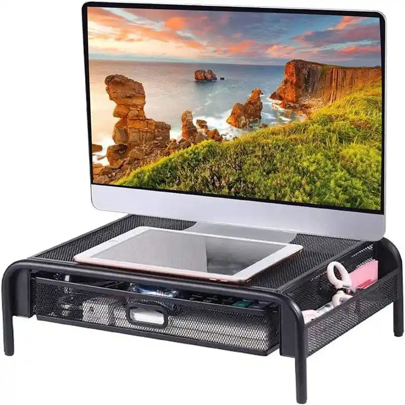 Rehausseur de moniteur en maille métallique noire avec tiroir coulissant et poches de rangement latérales