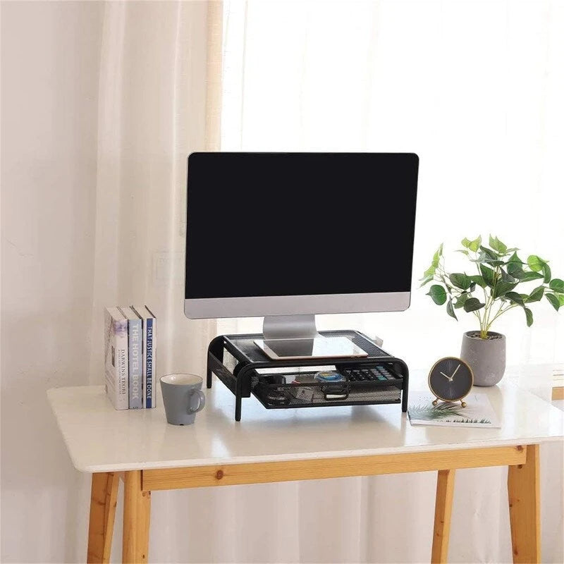 Rehausseur de moniteur en maille métallique noire avec tiroir coulissant et poches de rangement latérales