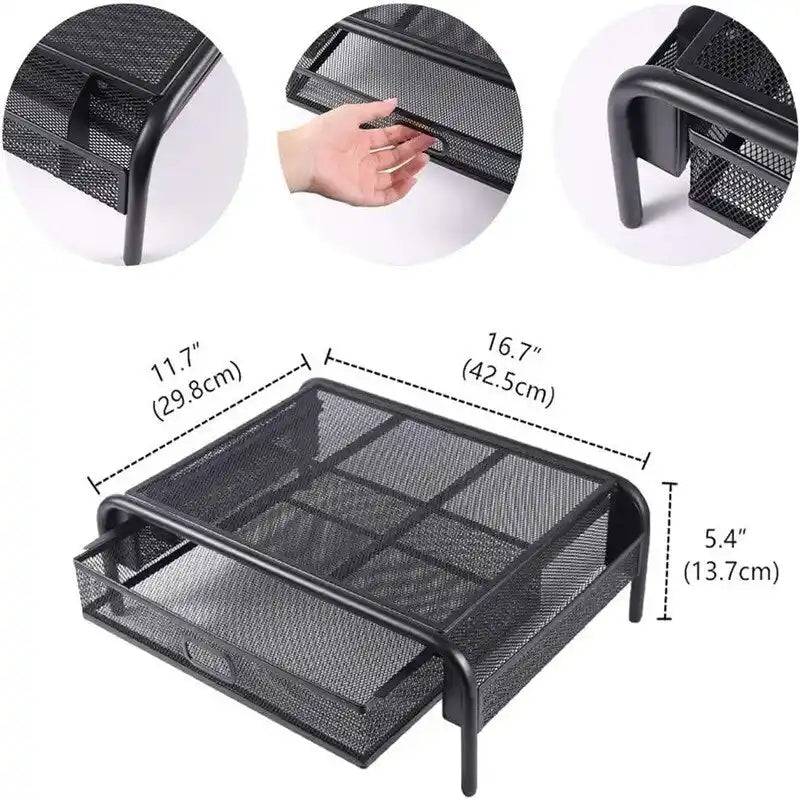 Rehausseur de moniteur en maille métallique noire avec tiroir coulissant et poches de rangement latérales