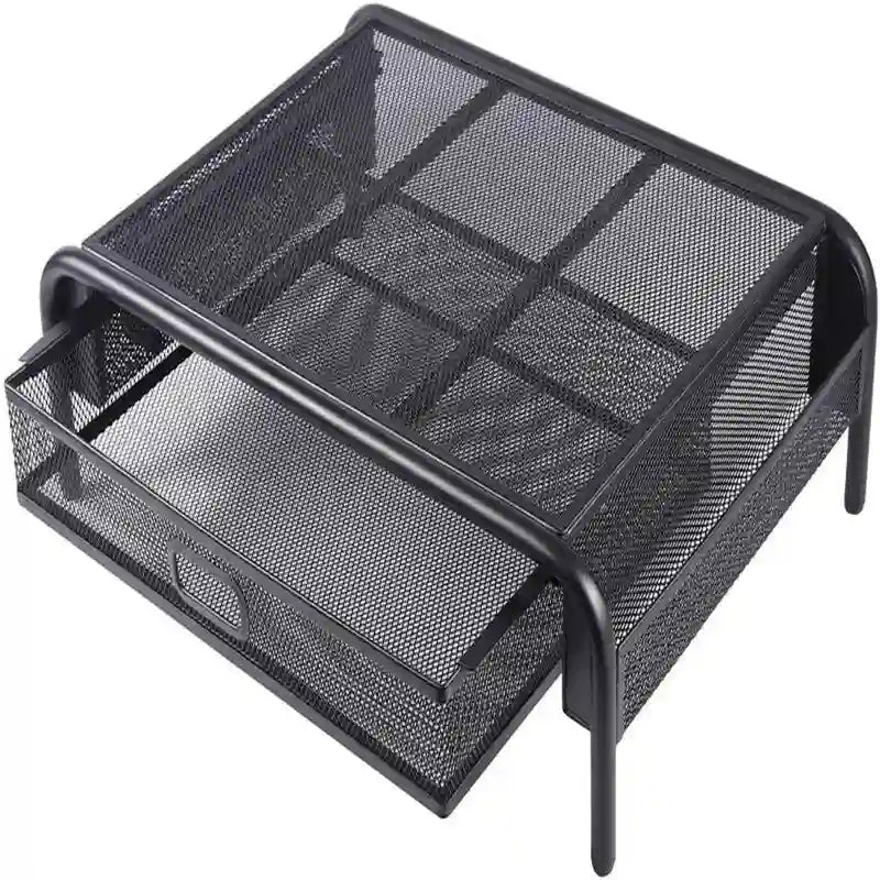 Rehausseur de moniteur en maille métallique noire avec tiroir coulissant et poches de rangement latérales