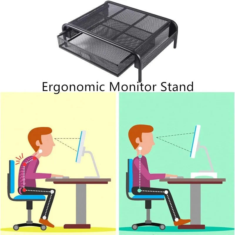 Rehausseur de moniteur en maille métallique noire avec tiroir coulissant et poches de rangement latérales