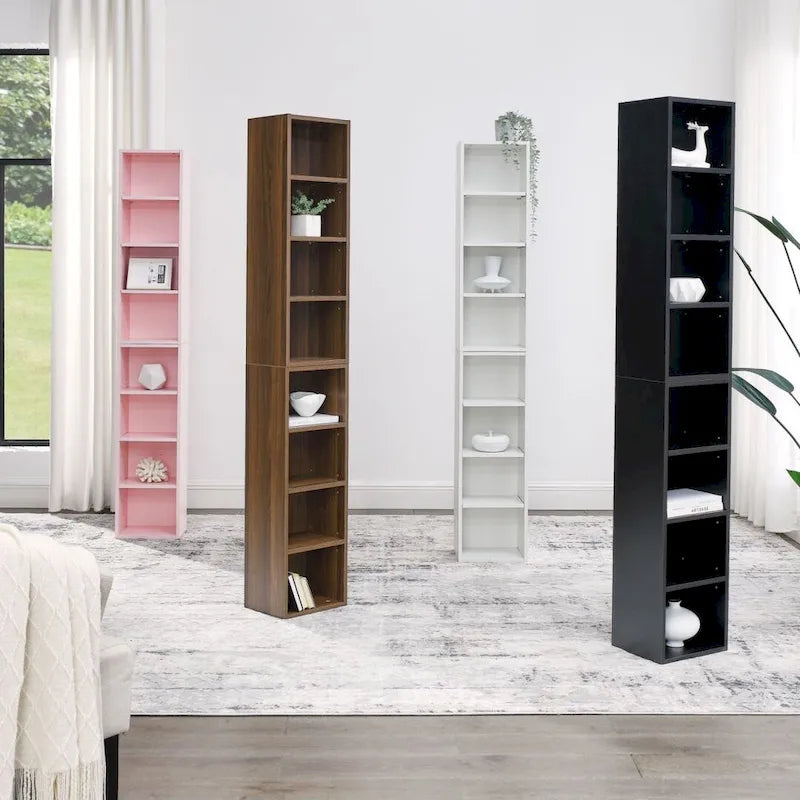 Meuble de rangement haut et étroit à 8 niveaux avec étagères réglables, rose ou noyer