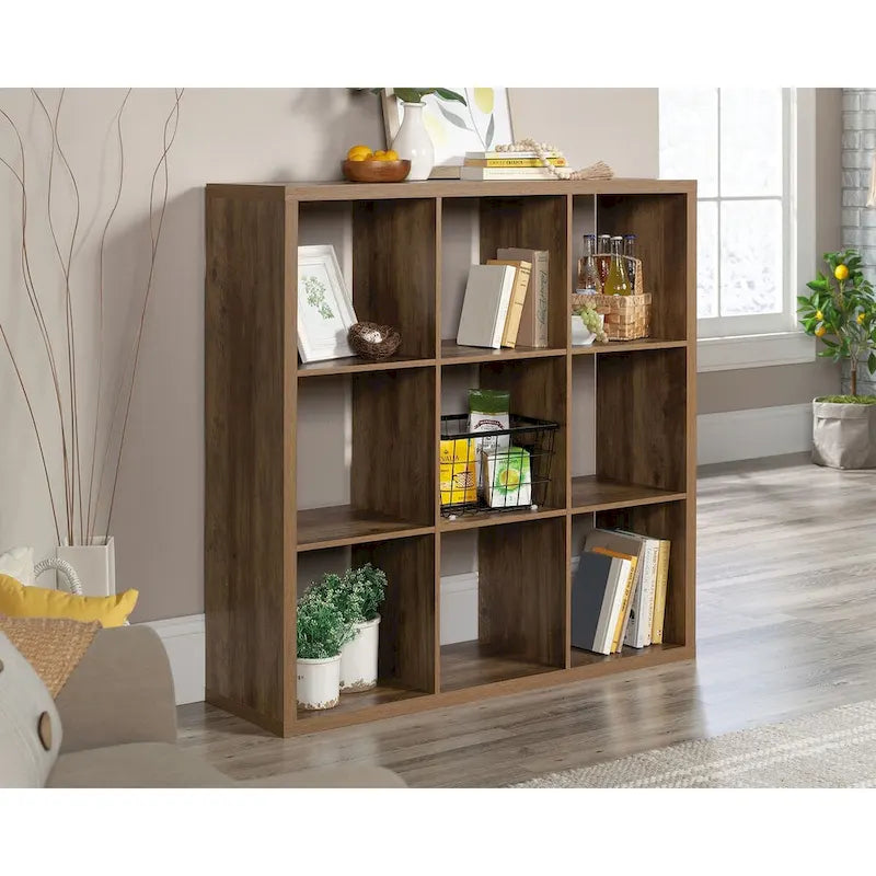 Bibliothèque de rangement 9 cases avec étagères ouvertes, finition chêne Mystic