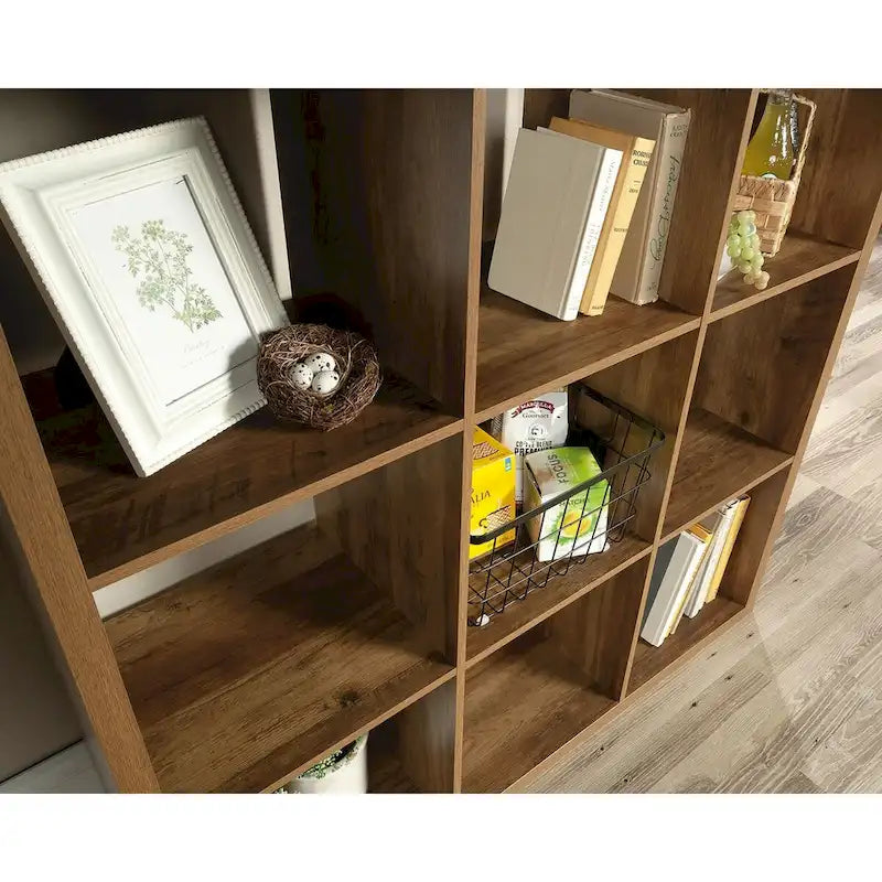 Bibliothèque de rangement 9 cases avec étagères ouvertes, finition chêne Mystic