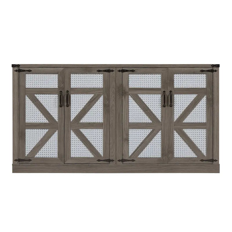 Bahut de buffet à 4 portes en similicuir rotin, gris pierre et chêne