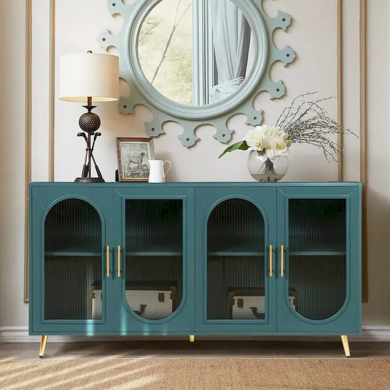 Vaisselier 4 portes en verre bombé avec étagères réglables et pieds en métal doré