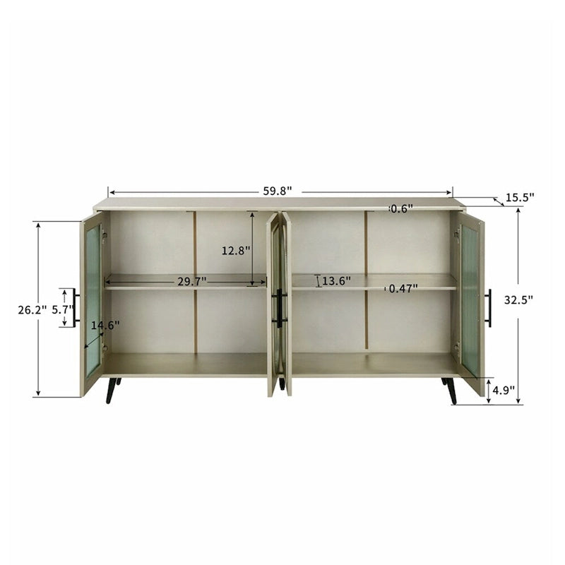 Vaisselier 4 portes en verre bombé avec étagères réglables et pieds en métal doré