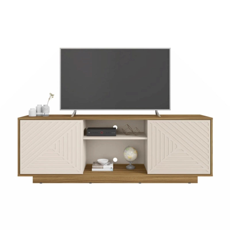Meuble TV moderne avec portes à motifs, étagères ouvertes, rangement, bois naturel chêne, blanc antique