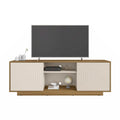 Meuble TV moderne avec portes à motifs, étagères ouvertes, rangement, bois naturel chêne, blanc antique