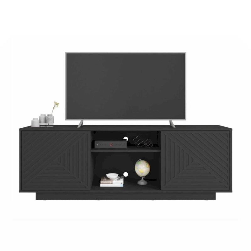 Meuble TV moderne avec portes à motifs, étagères ouvertes, rangement, bois naturel chêne, blanc antique