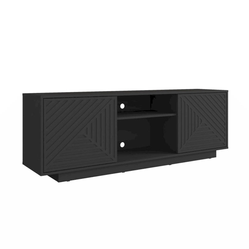 Meuble TV moderne avec portes à motifs, étagères ouvertes, rangement, bois naturel chêne, blanc antique