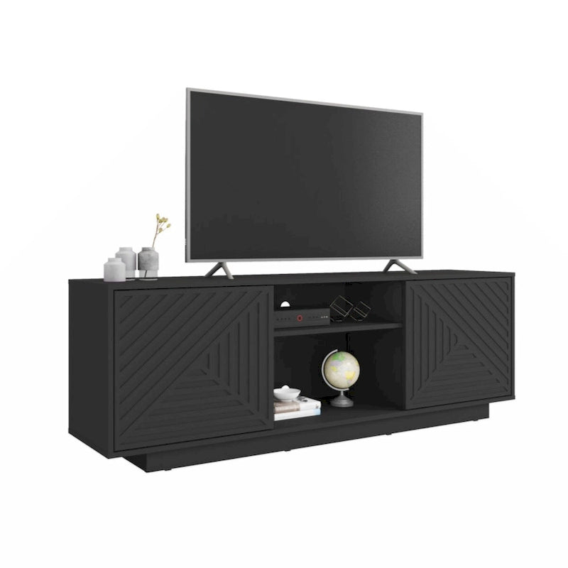 Meuble TV moderne avec portes à motifs, étagères ouvertes, rangement, bois naturel chêne, blanc antique