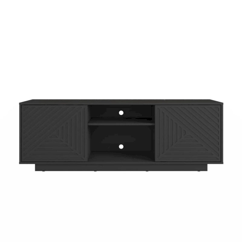 Meuble TV moderne avec portes à motifs, étagères ouvertes, rangement, bois naturel chêne, blanc antique
